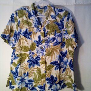 Company Collection Shirt Women 1X Button Up Short Sleeve Tropical Hawaiian Blue